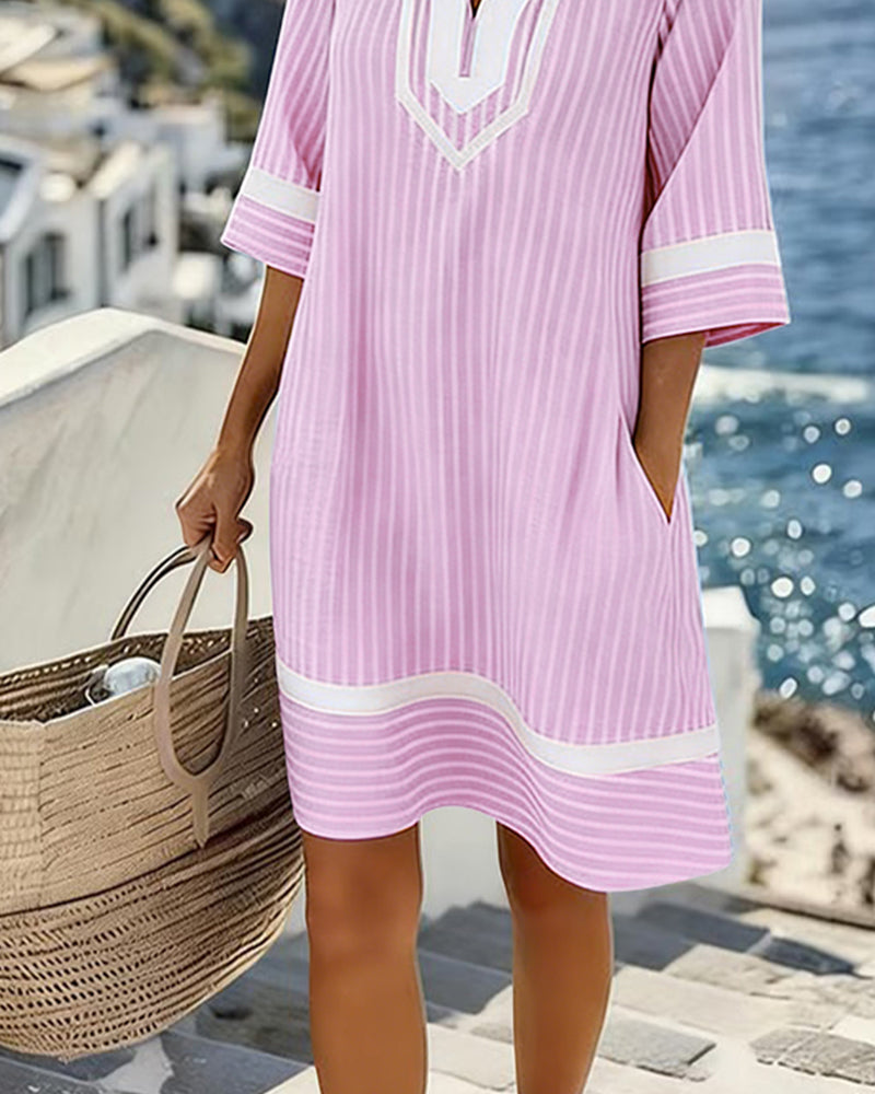 Klara | Vestito a Maniche Corte a Righe con Scollo a V