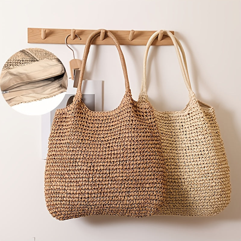 Marisol | Borsa a Tracolla in Paglia Intrecciata - Nocciola