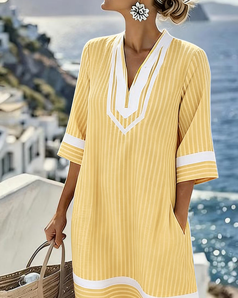 Klara | Vestito a Maniche Corte a Righe con Scollo a V