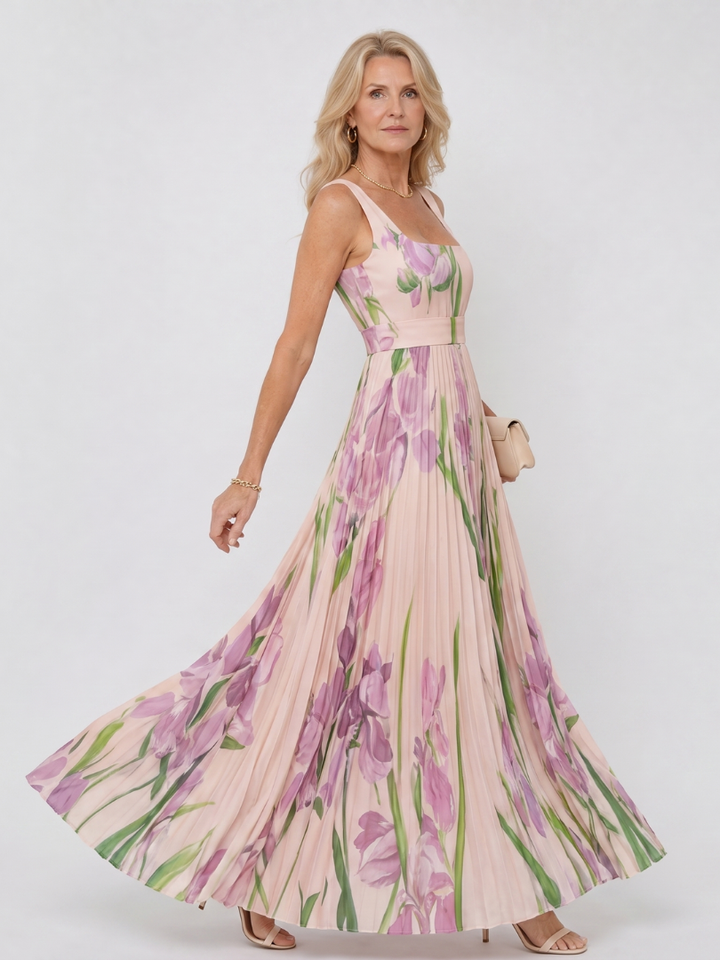 Abito Midi Senza Maniche in Satin con Scollatura Quadrata e Pieghe Eleganti