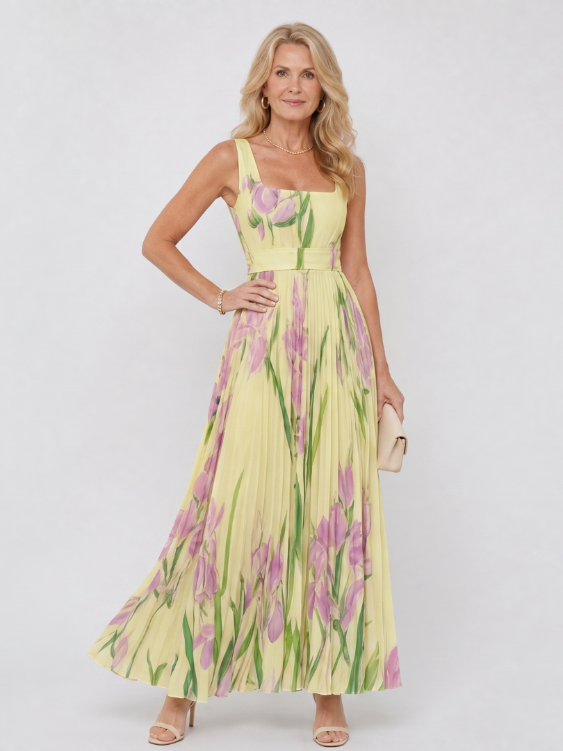 Abito Midi Senza Maniche in Satin con Scollatura Quadrata e Pieghe Eleganti