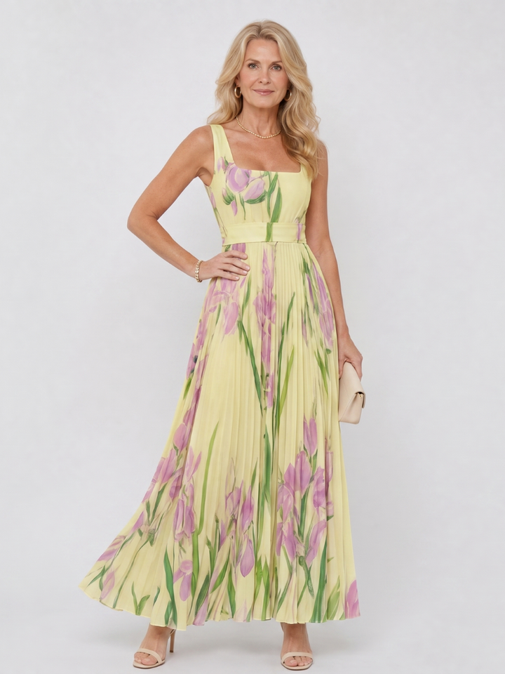 Abito Midi Senza Maniche in Satin con Scollatura Quadrata e Pieghe Eleganti
