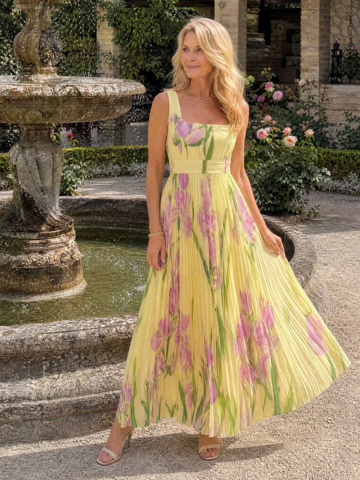 Abito Midi Senza Maniche in Satin con Scollatura Quadrata e Pieghe Eleganti