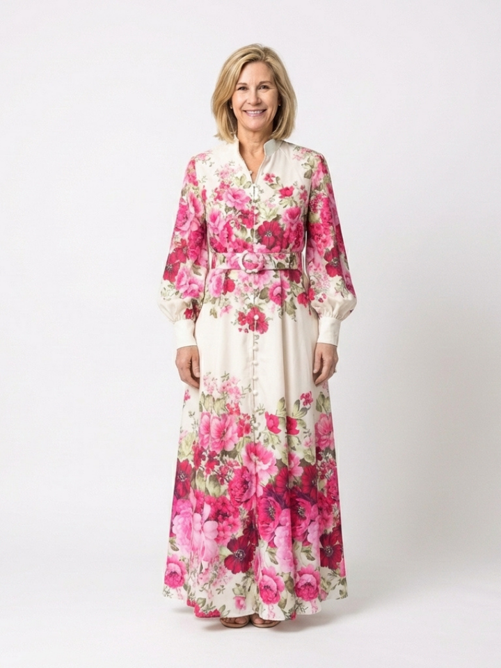 Kennedy | Abito Maxi Floral a Maniche Lunghe con Cintura