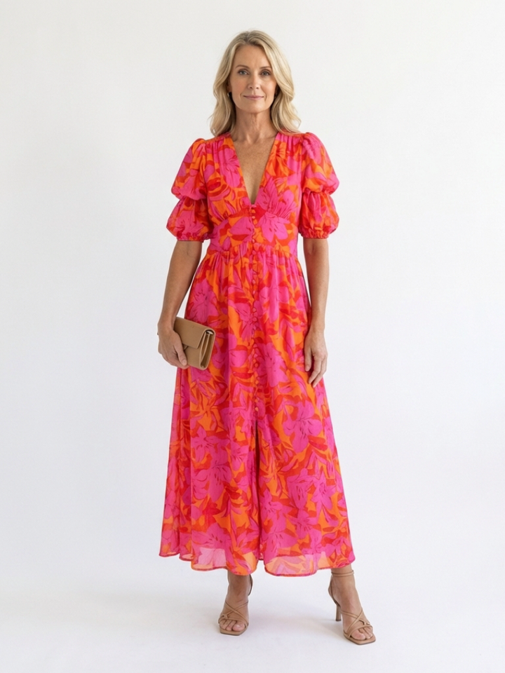 Willow | Vestito Midi a Viscosa con Maniche a Palloncino