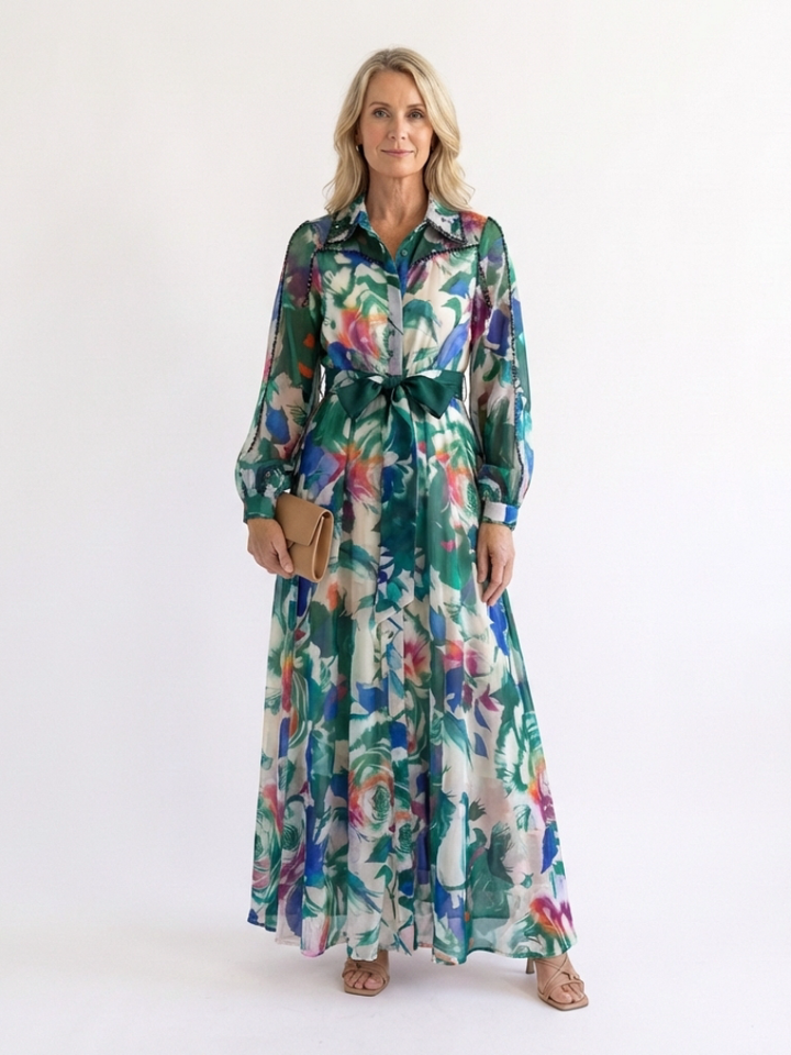 Carolina | Abito Maxi Stampato con Maniche Lunghe e Cintura