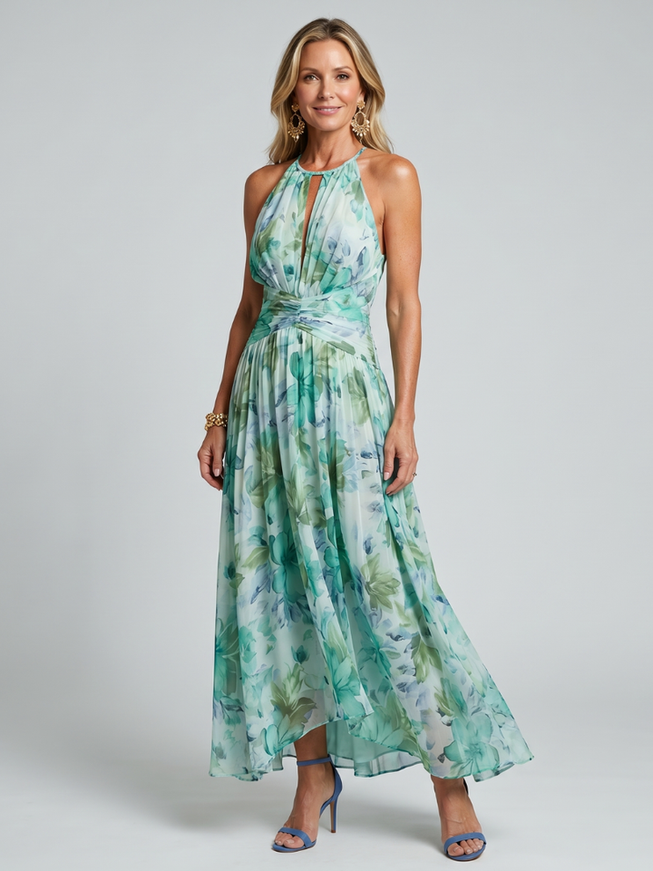 Robe Midi Portia in Crepe Plissé con Collo Halter e Stampa Floreale