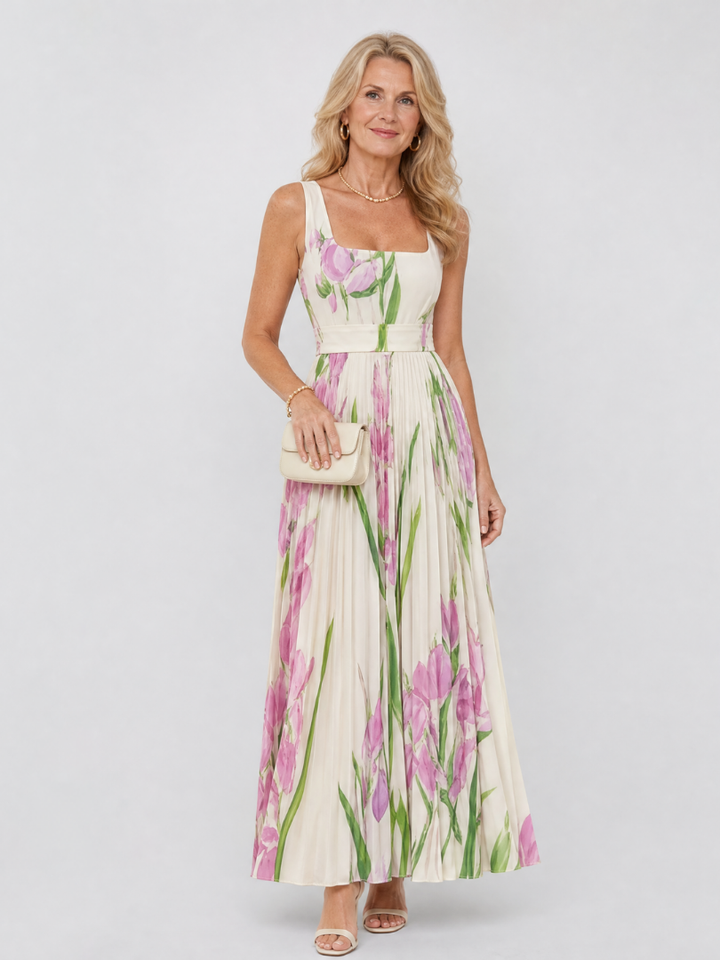 Abito Midi Senza Maniche in Satin con Scollatura Quadrata e Pieghe Eleganti