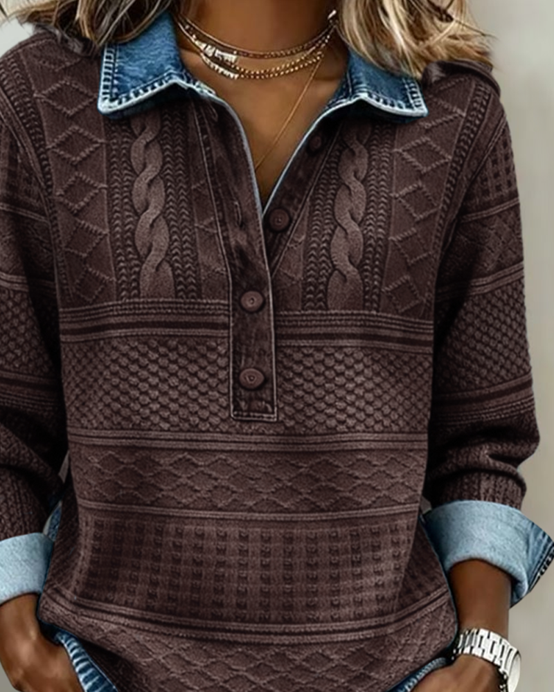 Melkorka | Felpa con Colletto in Denim e Mezzo Bottone