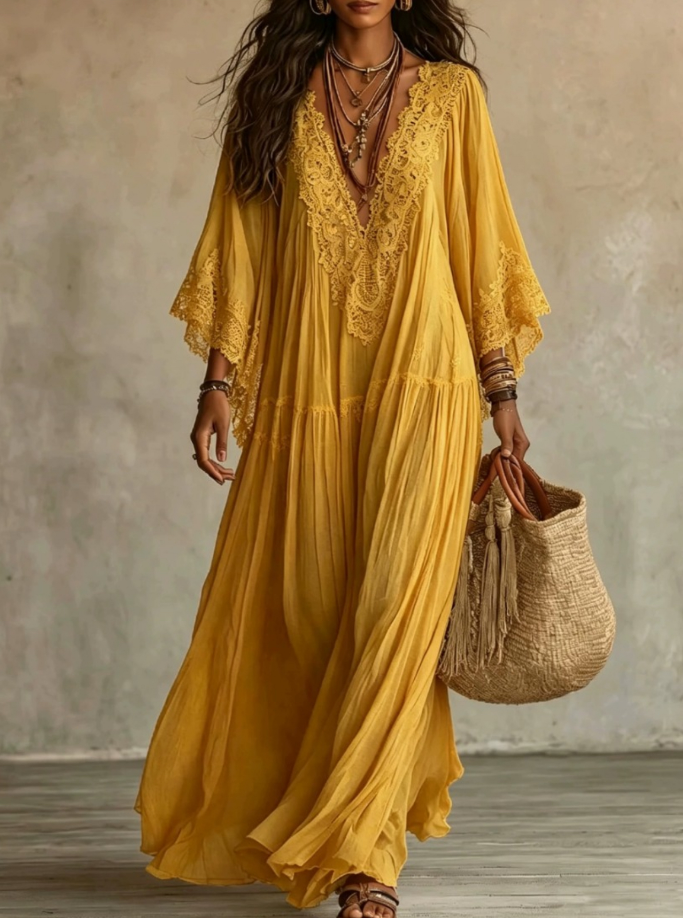 Celeste | Abito lungo in chiffon avorio e pizzo