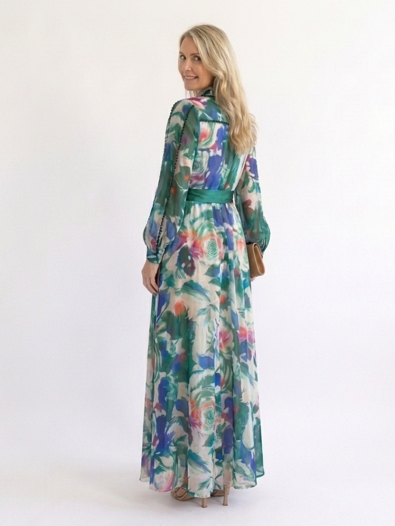 Carolina | Abito Maxi Stampato con Maniche Lunghe e Cintura
