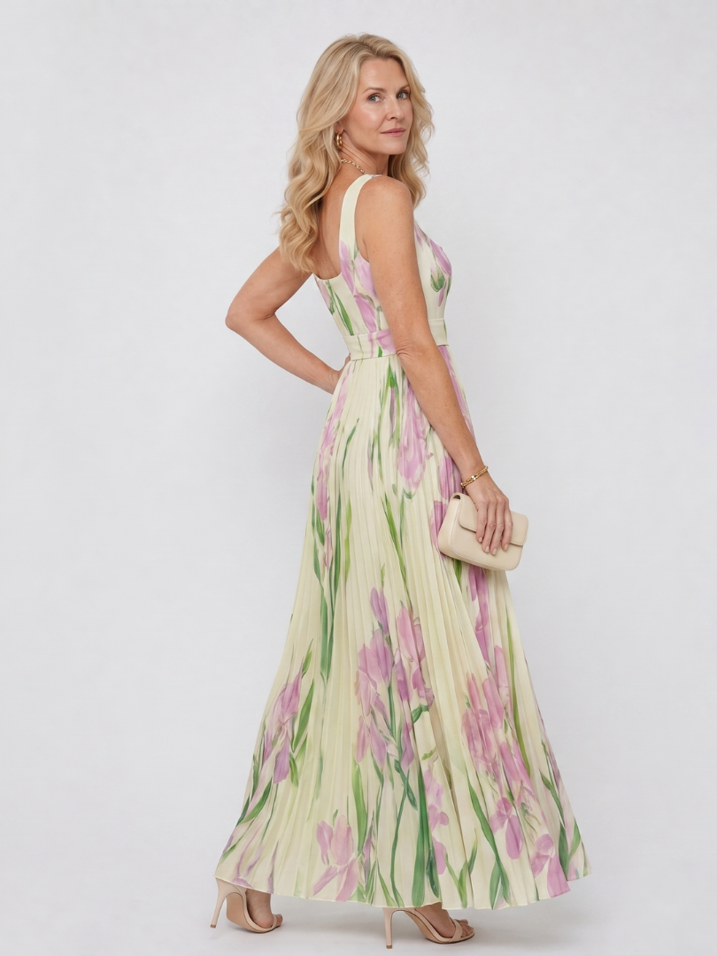 Abito Midi Senza Maniche in Satin con Scollatura Quadrata e Pieghe Eleganti