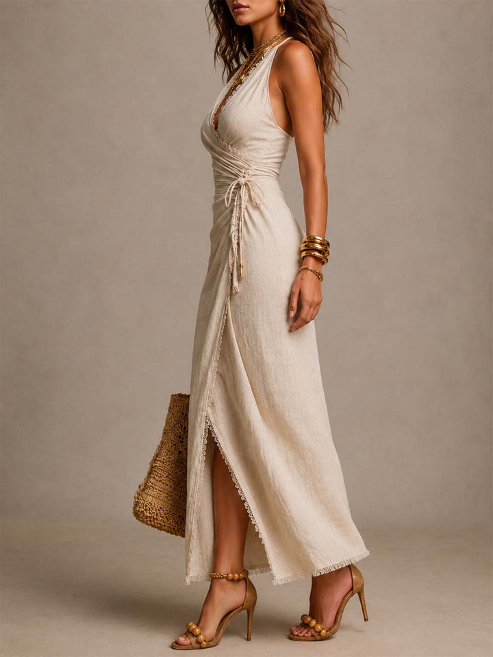 Tatiana | Abito Midi in Lino Naturale con Scollo Incrociato e Pizzo