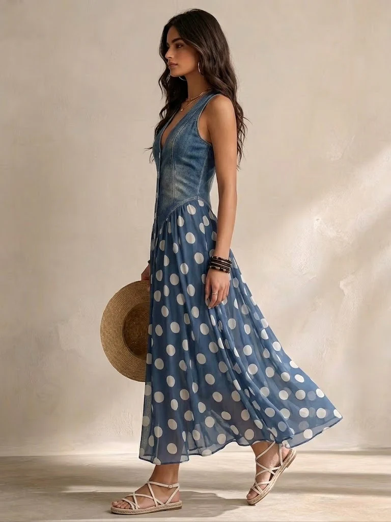 Beatrice | Abito Jeans Chic con Gonna in Chiffon a Pois