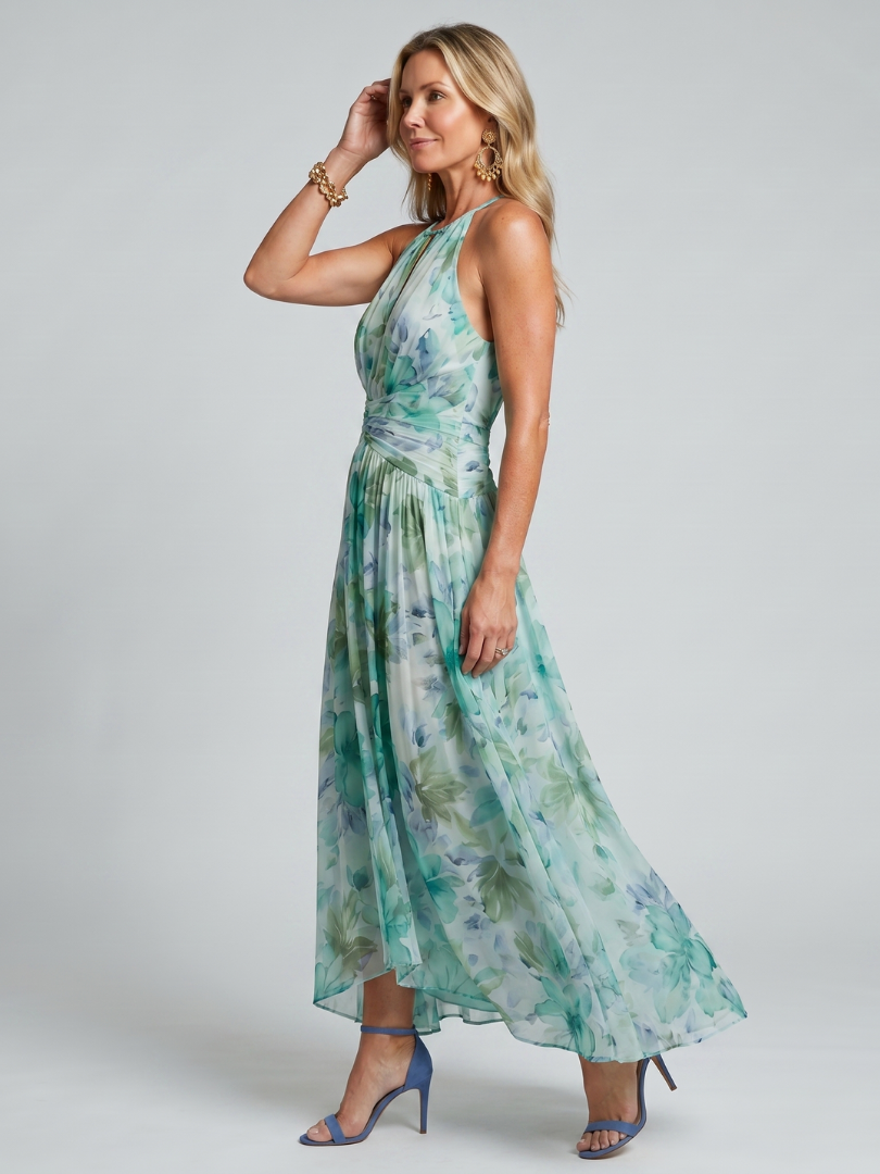 Robe Midi Portia in Crepe Plissé con Collo Halter e Stampa Floreale