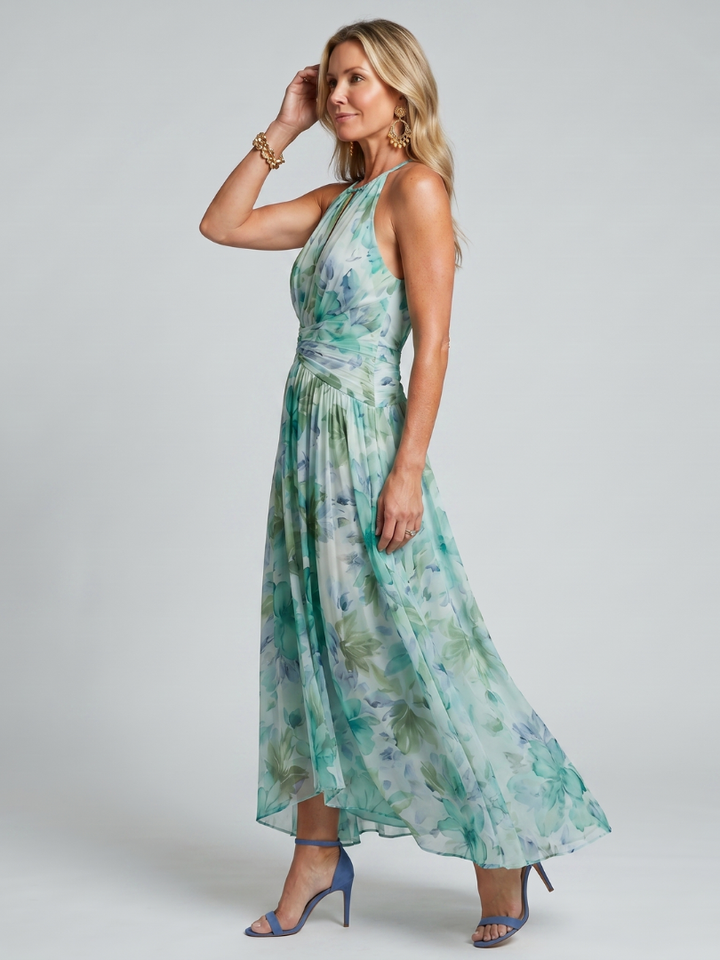 Robe Midi Portia in Crepe Plissé con Collo Halter e Stampa Floreale