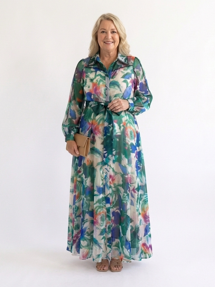 Carolina | Abito Maxi Stampato con Maniche Lunghe e Cintura