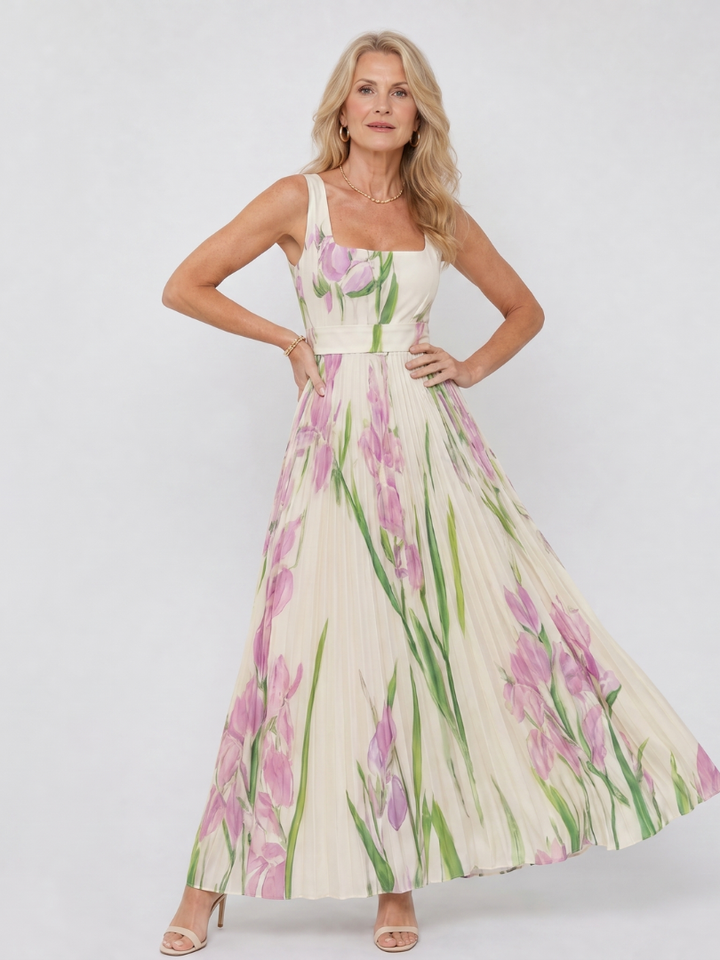 Abito Midi Senza Maniche in Satin con Scollatura Quadrata e Pieghe Eleganti