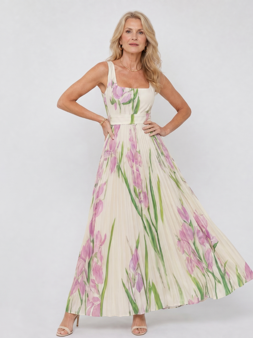Abito Midi Senza Maniche in Satin con Scollatura Quadrata e Pieghe Eleganti