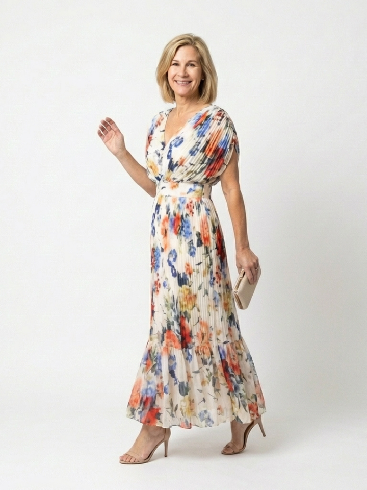 Savannah | Abito midi floreale a maniche corte plissettato