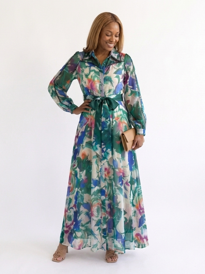 Carolina | Abito Maxi Stampato con Maniche Lunghe e Cintura