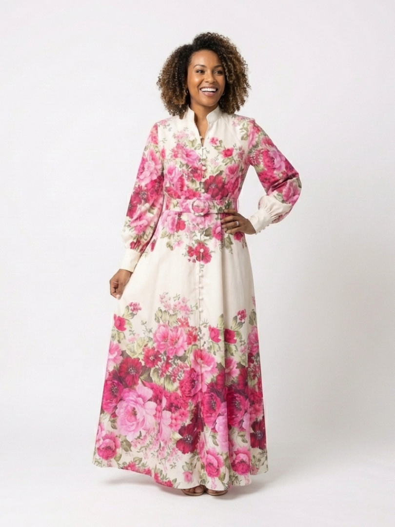 Kennedy | Abito Maxi Floral a Maniche Lunghe con Cintura