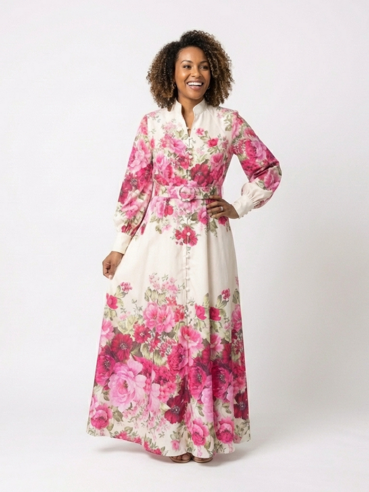 Kennedy | Abito Maxi Floral a Maniche Lunghe con Cintura