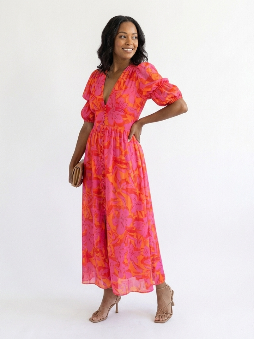 Willow | Vestito Midi a Viscosa con Maniche a Palloncino