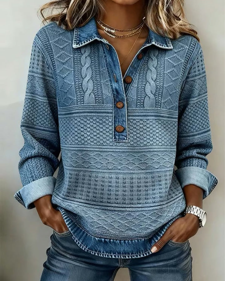 Melkorka | Felpa con Colletto in Denim e Mezzo Bottone