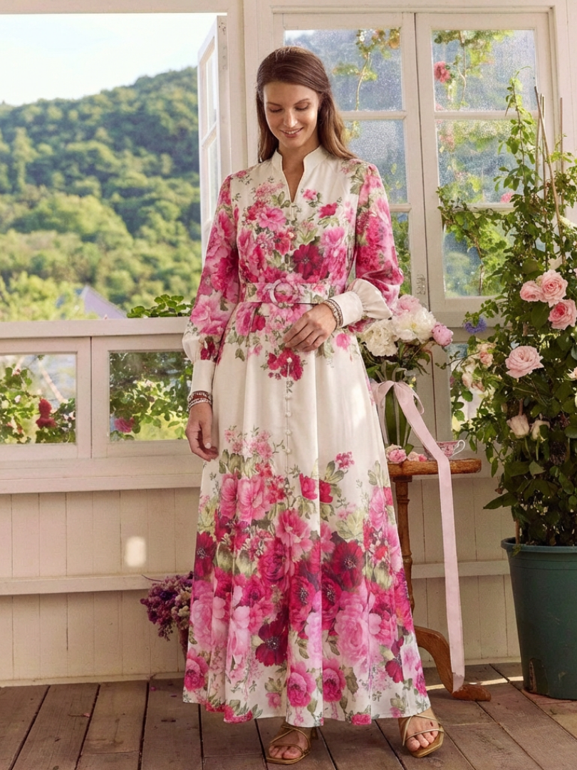 Kennedy | Abito Maxi Floral a Maniche Lunghe con Cintura