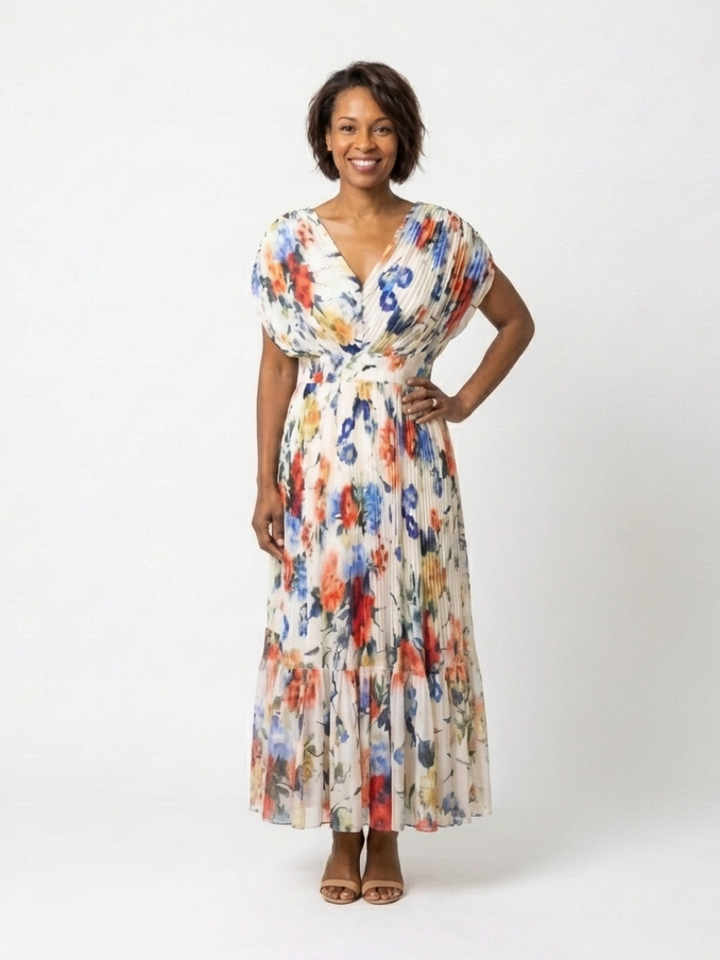 Savannah | Abito midi floreale a maniche corte plissettato