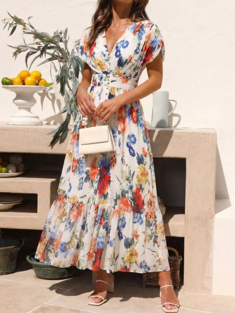 Savannah | Abito midi floreale a maniche corte plissettato