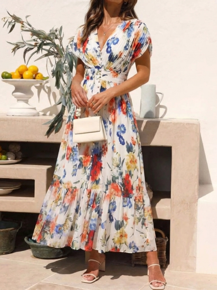 Savannah | Abito midi floreale a maniche corte plissettato