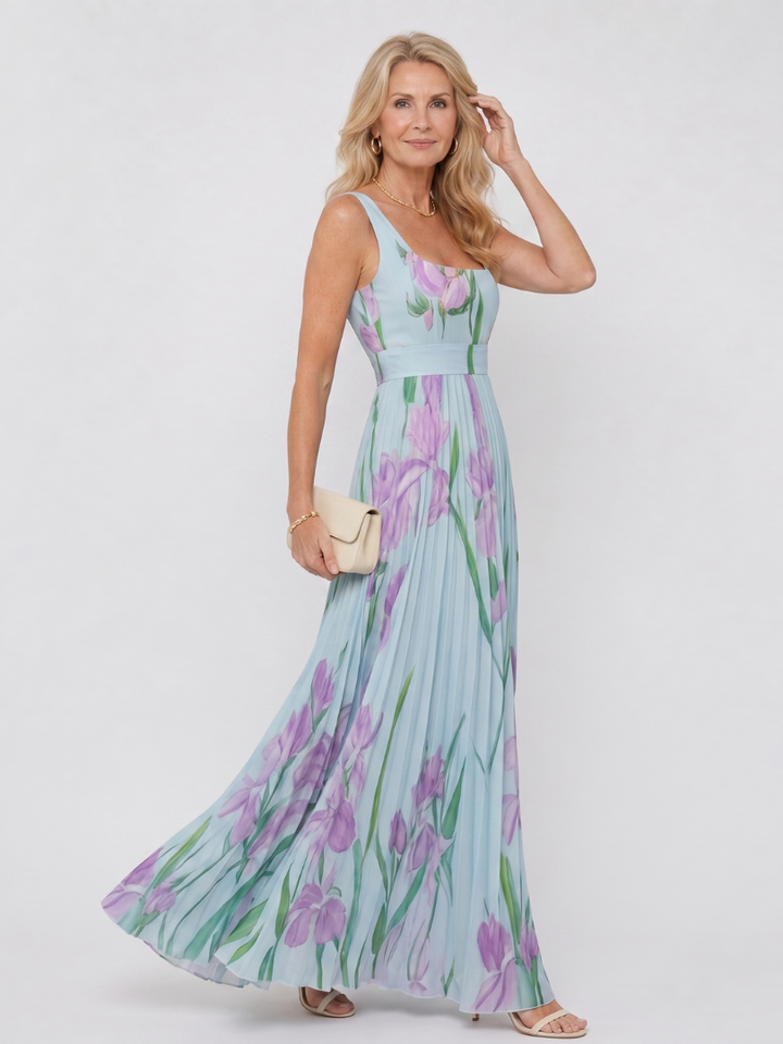 Abito Midi Senza Maniche in Satin con Scollatura Quadrata e Pieghe Eleganti