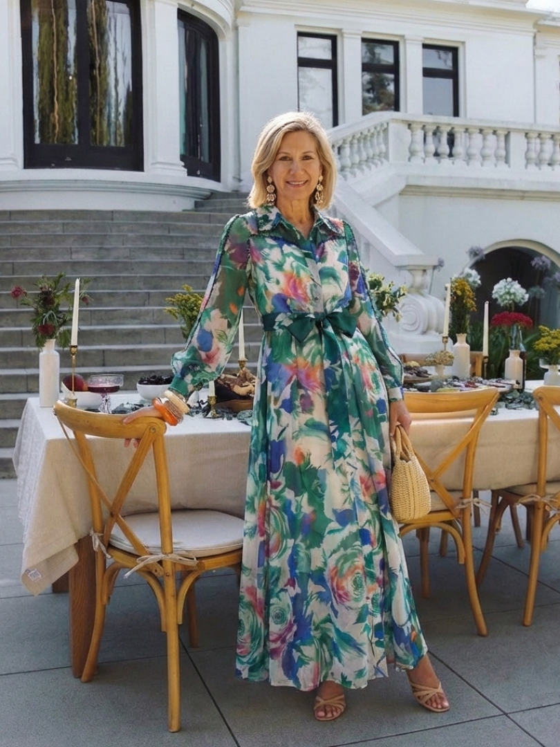 Carolina | Abito Maxi Stampato con Maniche Lunghe e Cintura