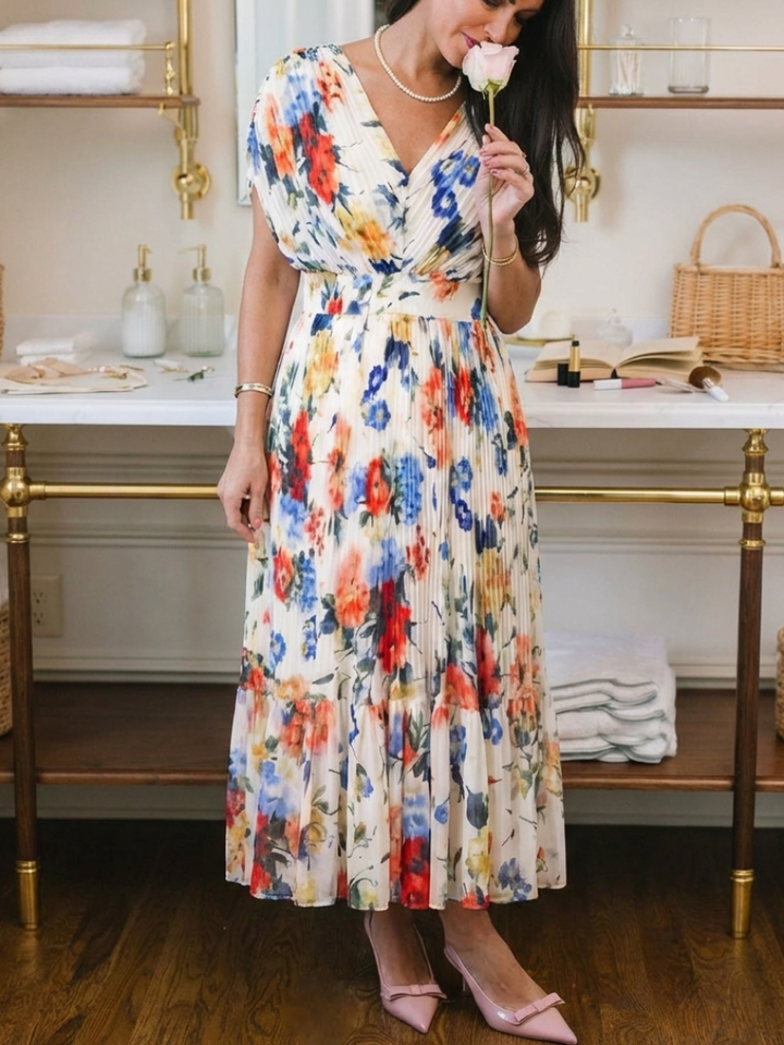 Savannah | Abito midi floreale a maniche corte plissettato