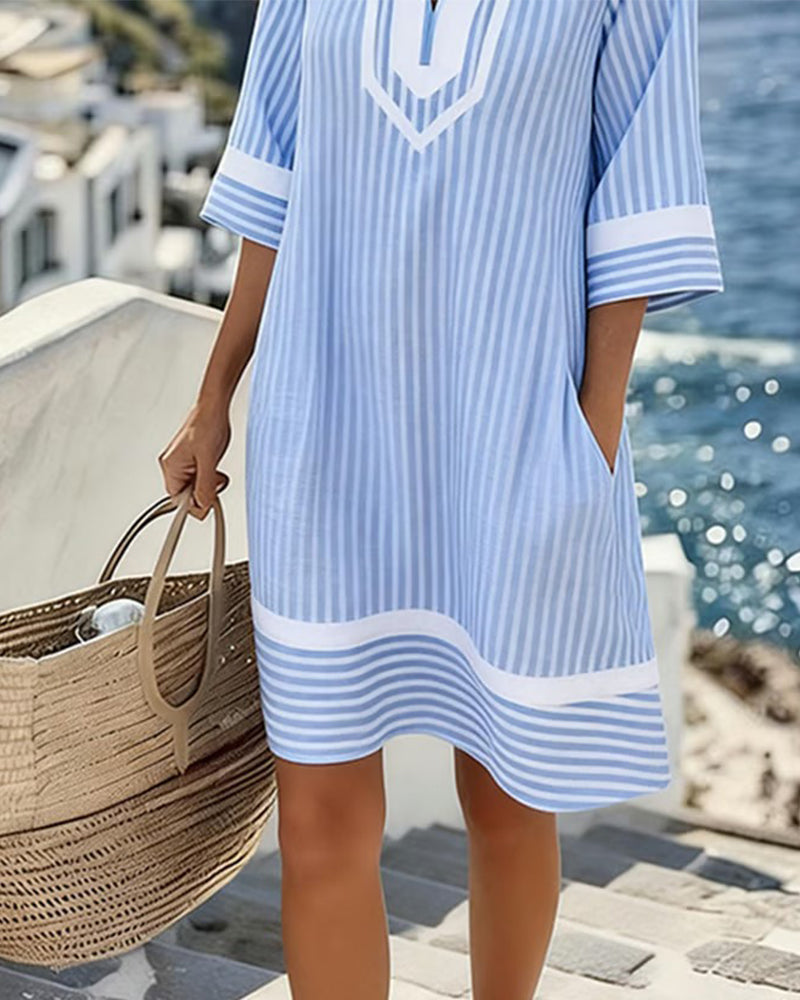Klara | Vestito a Maniche Corte a Righe con Scollo a V