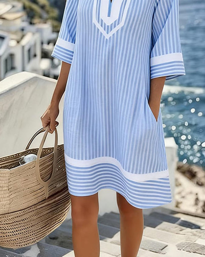 Klara | Vestito a Maniche Corte a Righe con Scollo a V