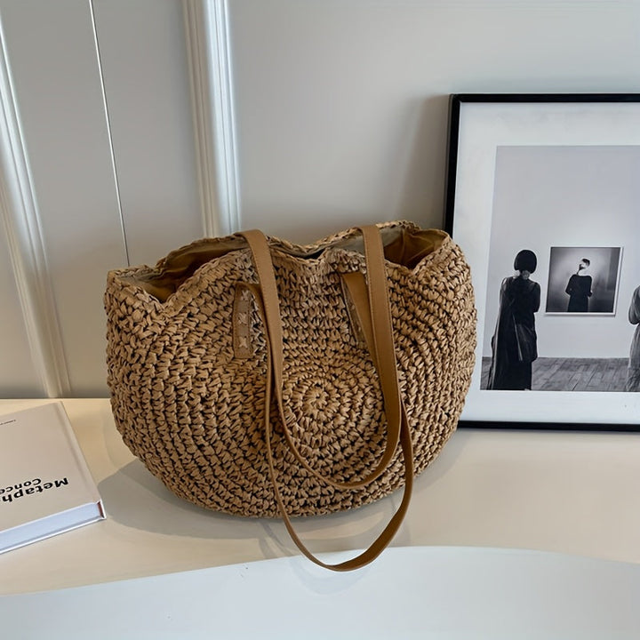 Linda | Borsa Tonda in Paglia Intrecciata - Nocciola