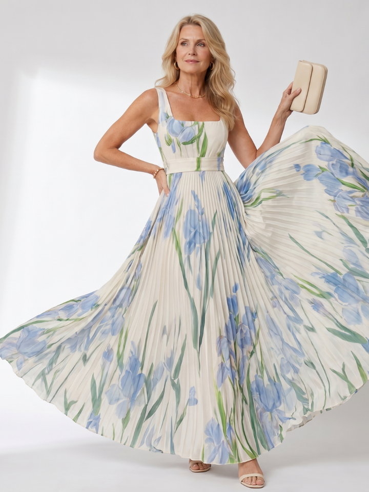 Abito Midi Senza Maniche in Satin con Scollatura Quadrata e Pieghe Eleganti