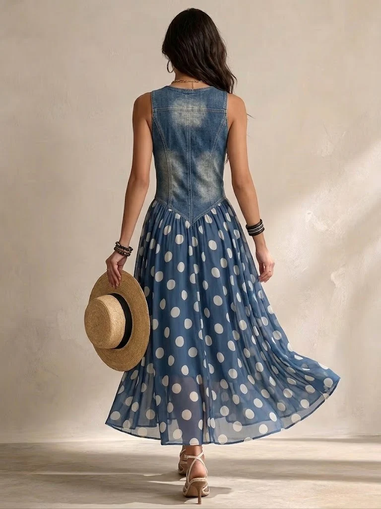 Beatrice | Abito Jeans Chic con Gonna in Chiffon a Pois
