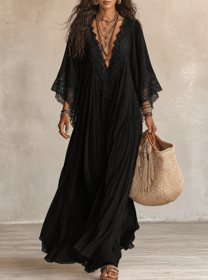 Celeste | Abito lungo in chiffon avorio e pizzo