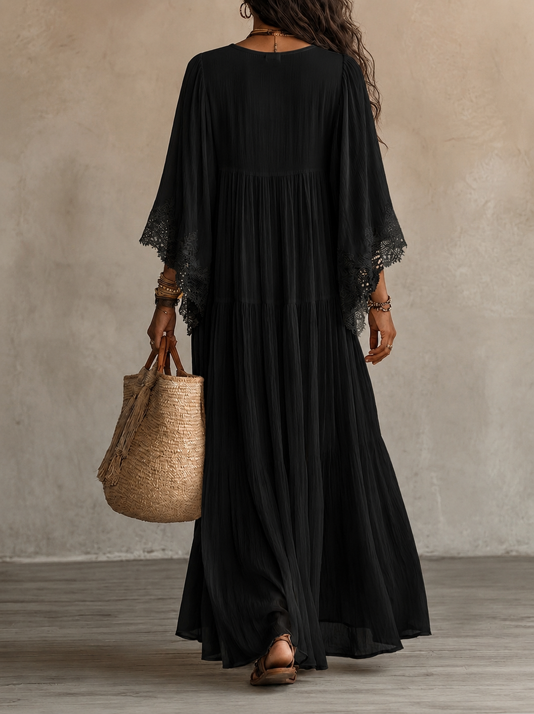 Celeste | Abito lungo in chiffon avorio e pizzo