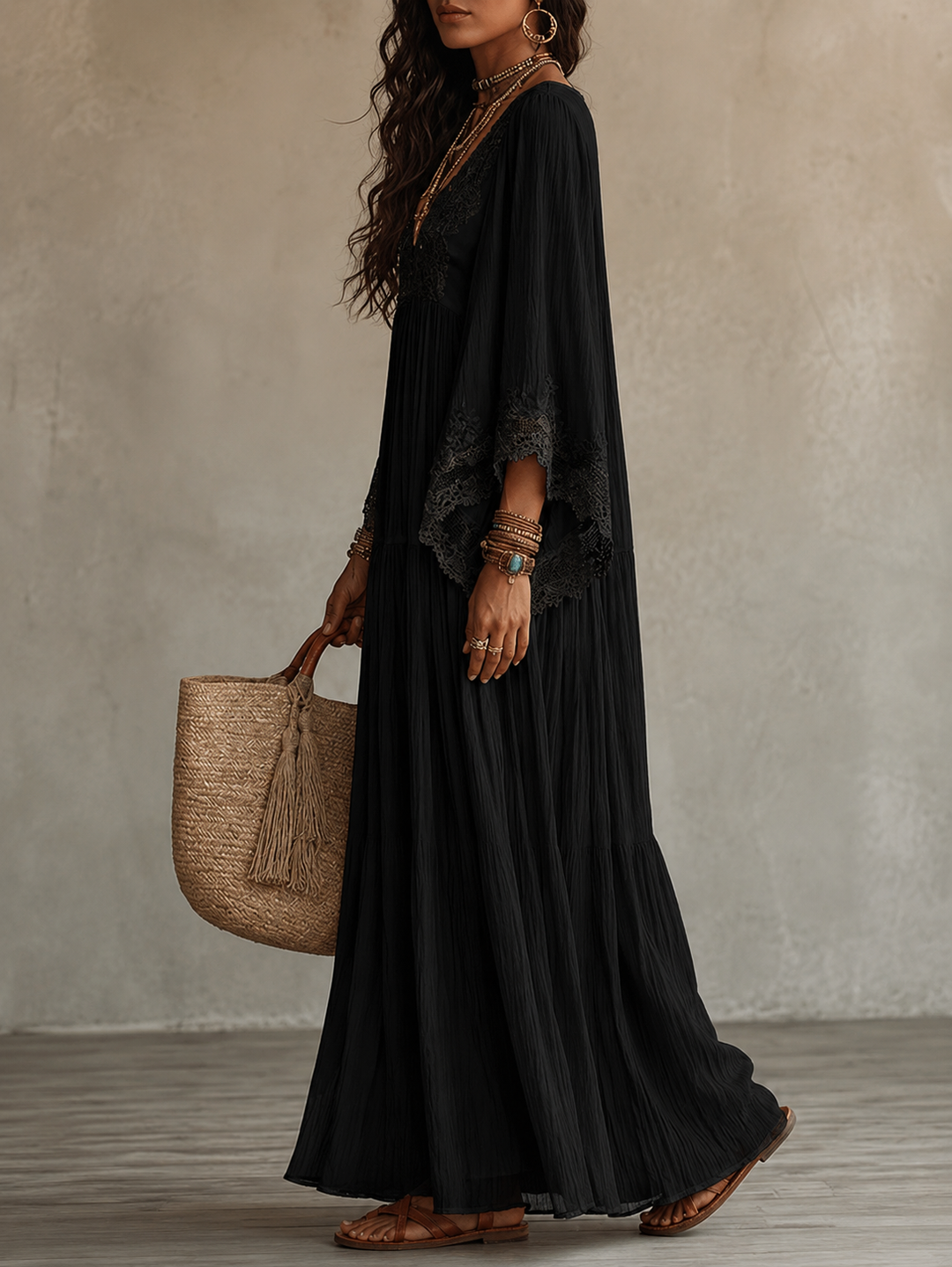 Celeste | Abito lungo in chiffon avorio e pizzo