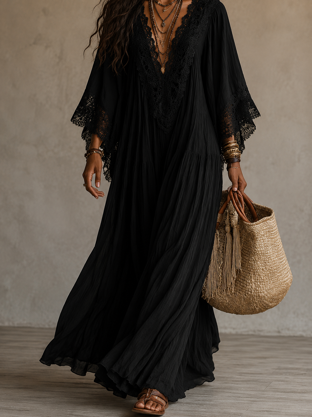 Celeste | Abito lungo in chiffon avorio e pizzo