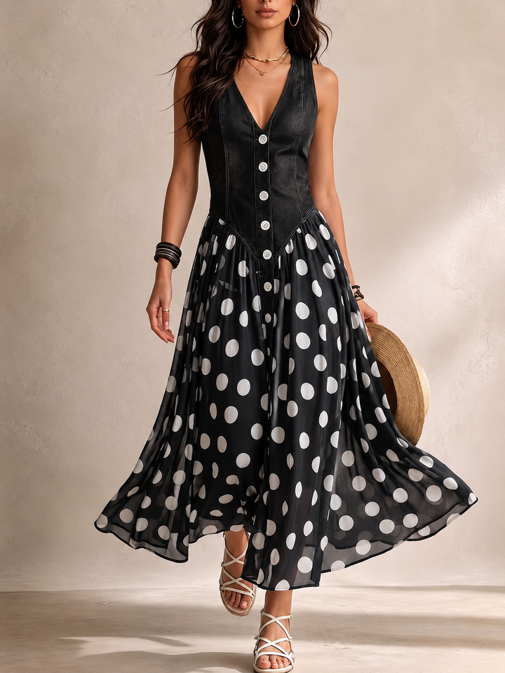 Beatrice | Abito Jeans Chic con Gonna in Chiffon a Pois