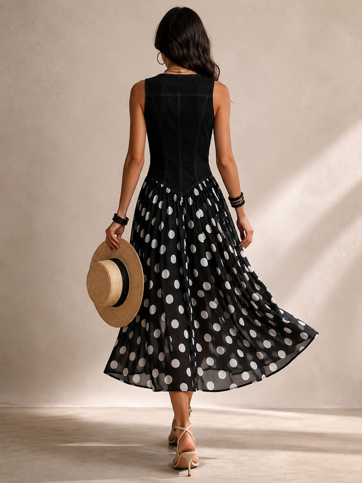 Beatrice | Abito Jeans Chic con Gonna in Chiffon a Pois