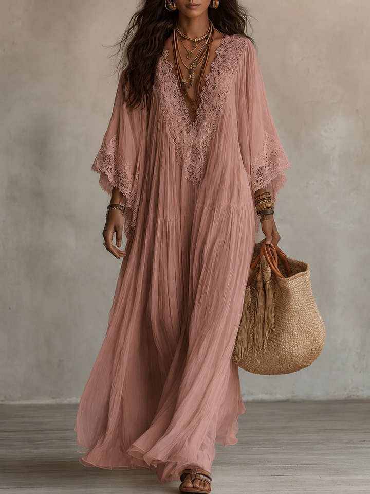 Celeste | Abito lungo in chiffon avorio e pizzo