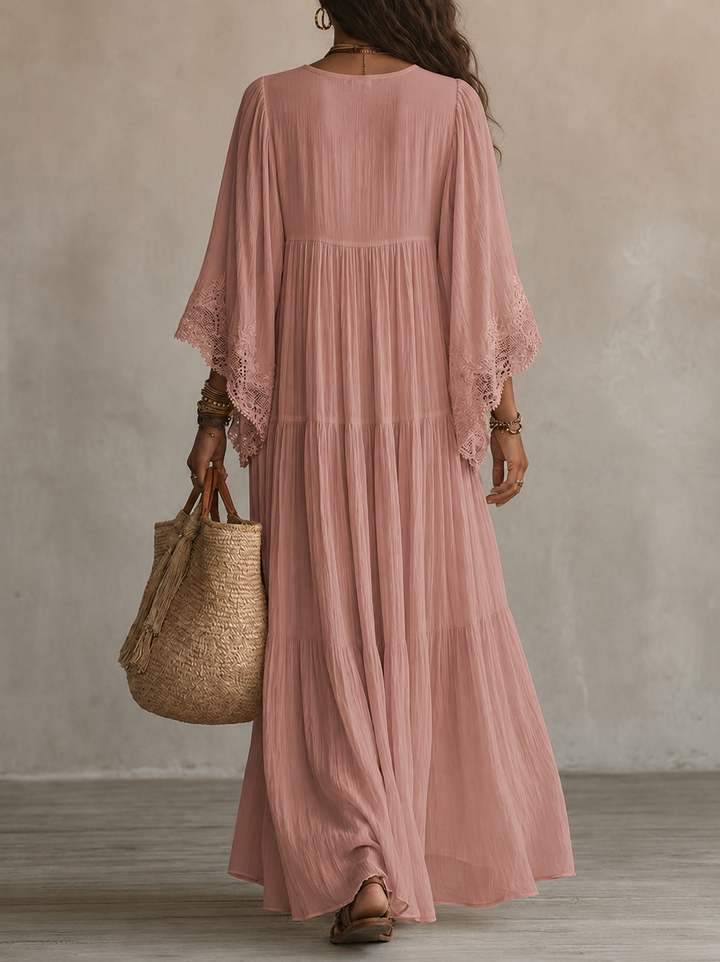 Celeste | Abito lungo in chiffon avorio e pizzo