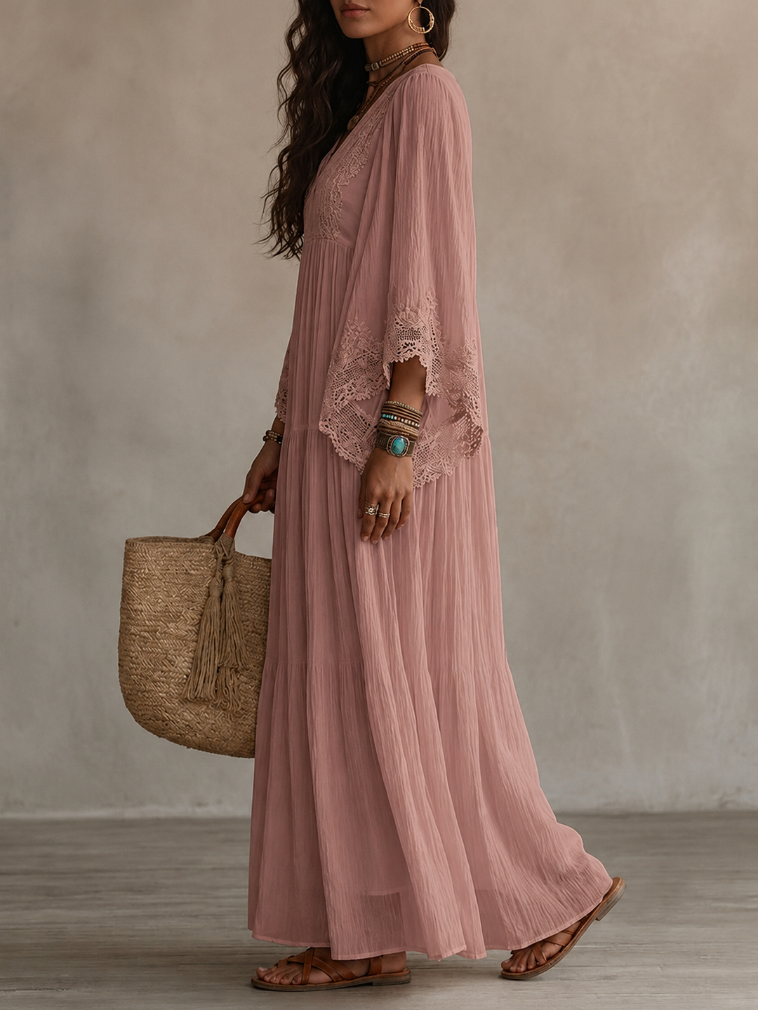 Celeste | Abito lungo in chiffon avorio e pizzo